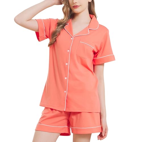 HEARTNICE Pyjama Damen kurz, Schlafanzug Damen Kurzarm Sommer Pyjama Kurz Set Nachtwäsche Loungewear (Living Coral, M) von HEARTNICE