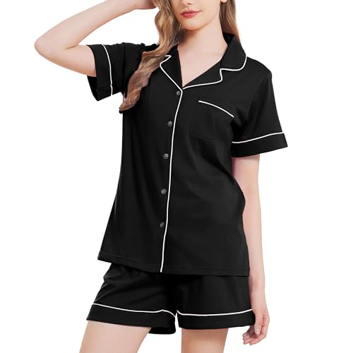 HEARTNICE Pyjama Damen kurz, Schlafanzug Damen Kurzarm Sommer Pyjama Kurz Set Nachtwäsche Loungewear (Schwarz, L) von HEARTNICE