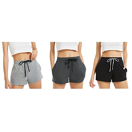 HEARTNICE Pyjamahose Damen kurz Baumwolle leichte Schlafshorts kurze schlafhose Schlafanzughose Pyjama Shorts (Schwarz+Dunkelgrau Mel.+Hellgrau Mel., M) von HEARTNICE