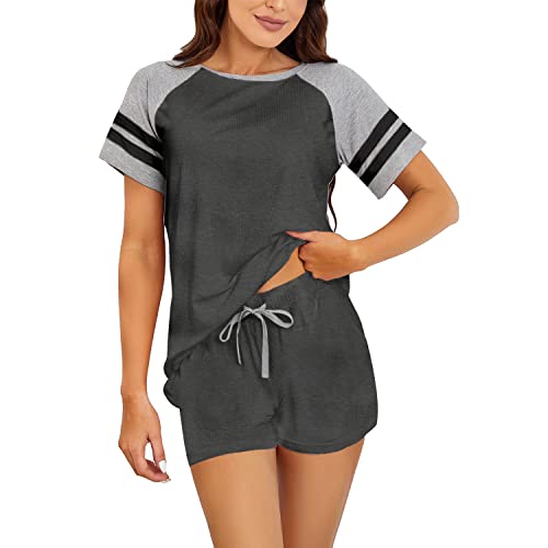 HEARTNICE Schlafanzug Damen kurz Zweiteiliger Pyjama Sommer kurz Set Nachtwäsche Loungewear Hausanzug (Dunkelgrau Mel., XL) von HEARTNICE