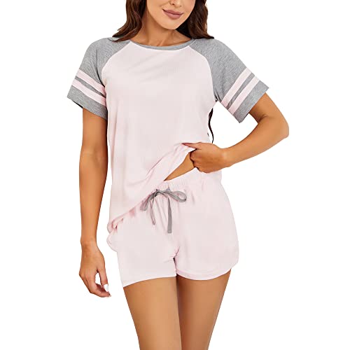 HEARTNICE Schlafanzug Damen kurz Zweiteiliger Pyjama Sommer kurz Set Nachtwäsche Loungewear Hausanzug (Rosa, L) von HEARTNICE