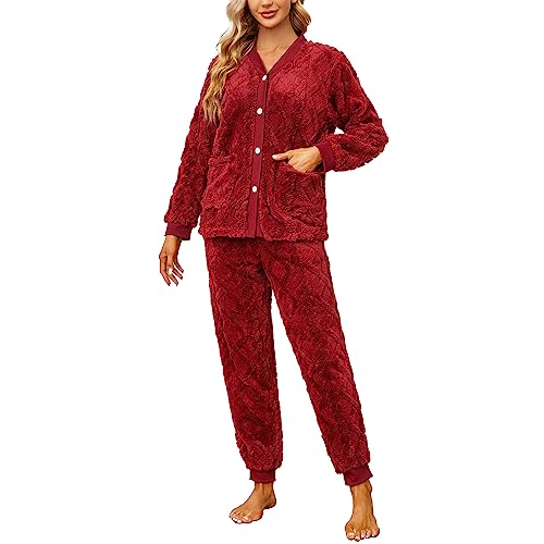 HEARTNICE Schlafanzug Damen lang Set Plüsch Pyjama flauschig Hausanzug warm Schlafanzüge für Damen weich Pyjama Set Lounge Set Freizeitanzug (Weinrot, XL) von HEARTNICE