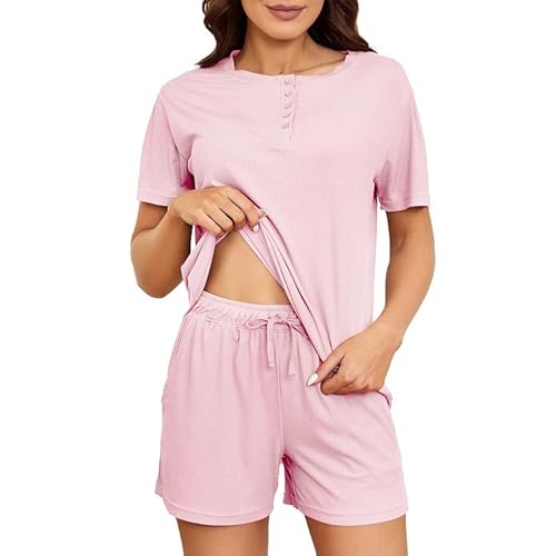 HEARTNICE kurzer Schlafanzug Damen Pyjama kurz Set Sommer Schlafanzüge Zweiteilige Nachtwäsche Loungewear Set (Schmutzigrosa, S) von HEARTNICE