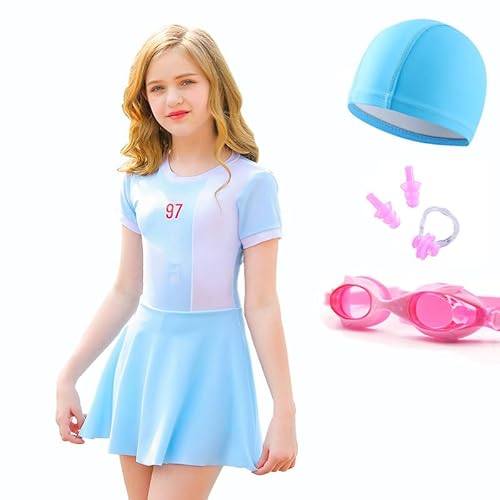 HEARTTOUCH Bademode für Mädchen Badekleid Badeanzug UV-Schutz Baderock mit Shorts Badekappe Schwimmbrille Schwimmanzug Beachwear (B Blau,XL,7 Jahre,9 Jahre) von HEARTTOUCH