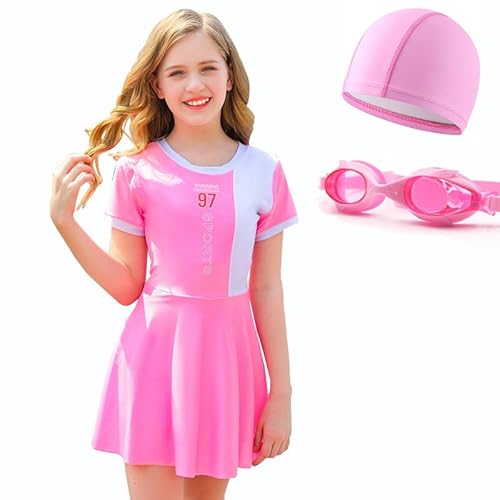 HEARTTOUCH Bademode für Mädchen Badekleid Badeanzug UV-Schutz Baderock mit Shorts Badekappe Schwimmbrille Schwimmanzug Beachwear (B Rosa,4XL,14 Jahre,16 Jahre) von HEARTTOUCH
