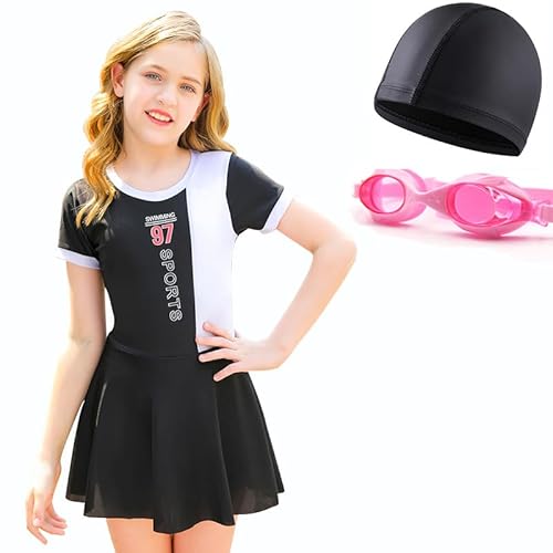 HEARTTOUCH Bademode für Mädchen Badekleid Badeanzug UV-Schutz Baderock mit Shorts Badekappe Schwimmbrille Schwimmanzug Beachwear (B Schwarz,4XL,14 Jahre,16 Jahre) von HEARTTOUCH