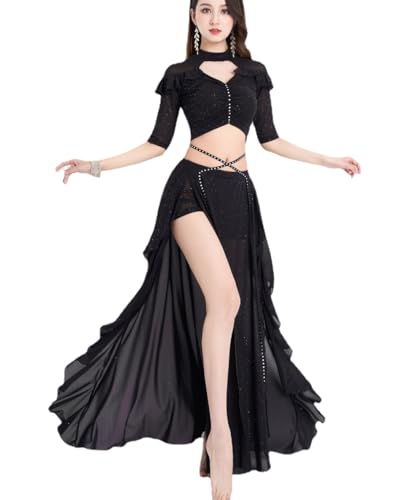 HEARTTOUCH Bauchtanz Kostüm Damen Kurzarm Bauchtanz Crop Top Tanzen Oberteil Lang Röcke Belly Dance Outfit Tanzkostüm Karneval Fasching (Schwarz,M) von HEARTTOUCH