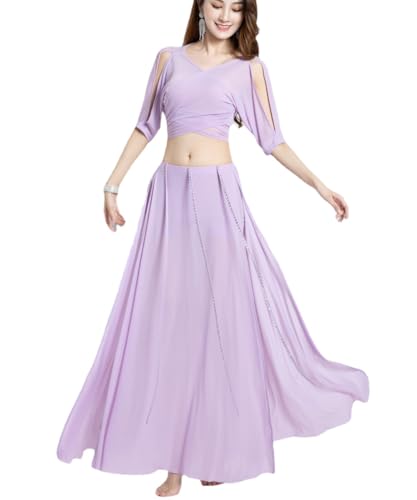 HEARTTOUCH Damen Bauchtanz Kostüm Glänzend Oberteil Bauchfrei Kurzarm Crop Top Tanzrock Tanzkostüm Belly Dance Outfit für Karneval Fasching (Violett,XL) von HEARTTOUCH