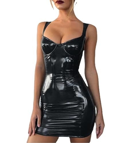 HEARTTOUCH Damen Lederkleid Kleid Bodycon Rückenfrei Schlinge Partykleid Cocktailkleid Wetlook Clubwear Ärmellos Minikleid Corsagenkleid (Schwarz,6XL,6XL) von HEARTTOUCH