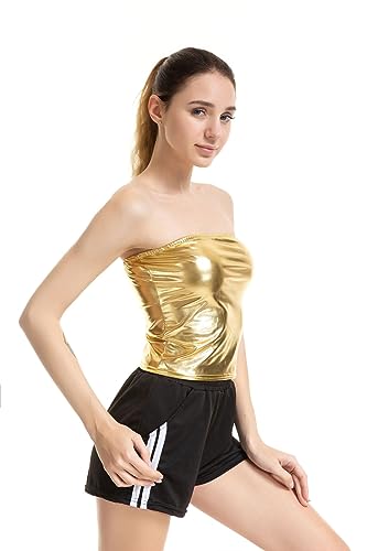 HEARTTOUCH Damen Shiny Metallic Tube Top Trägerlos Crop Top Rave Bandeau Bra Slim Fit Oberteil Gogo Party Clubwear (Gold,S,S) von HEARTTOUCH