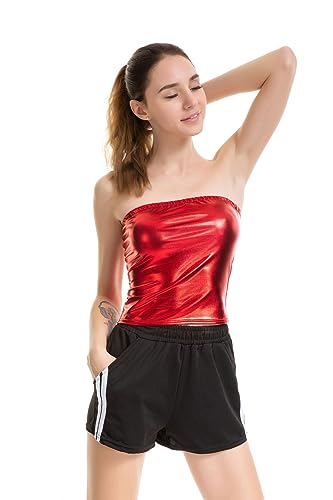 HEARTTOUCH Damen Shiny Metallic Tube Top Trägerlos Crop Top Rave Bandeau Bra Slim Fit Oberteil Gogo Party Clubwear (Rot,S,S) von HEARTTOUCH