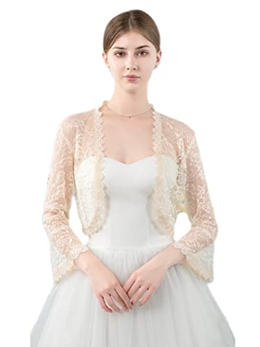 HEARTTOUCH Damen Spitze Strickjacke Festlich Langarm Strickbolero Kurz Shrug Top Lace Cardigan Schulterjacke Für Hochzeit Cocktailkleid (Beige,Eine Größe,Einheitsgröße) von HEARTTOUCH
