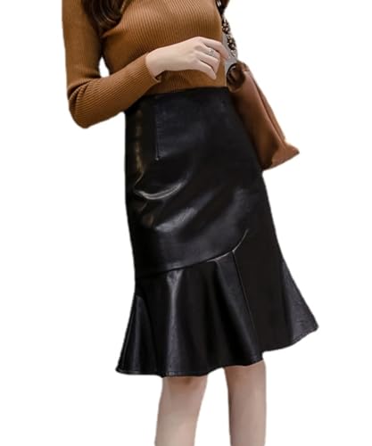 HEARTTOUCH Damen Wetlook Bleistiftrock Meerjungfrauen Rock Hohe Taille Plissierter Midirock Lederoptik Rockabilly Etuirock Partyrock Festival Karneval (Braun,XL,XL) von HEARTTOUCH