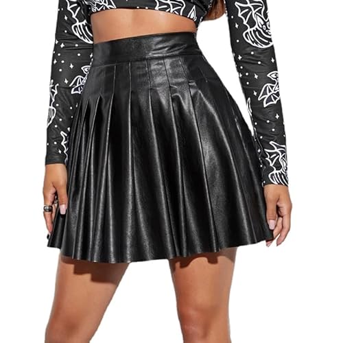 HEARTTOUCH Damen Wetlook Mini Faltenrock A-Linie Rock PU Leder High Waist Röcke Leder-Optik Plisseerock Lederrock Nachtclub Clubwear (Schwarz,3XL,3XL) von HEARTTOUCH