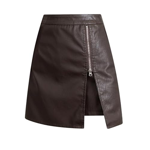 HEARTTOUCH Damen Wetlook Rock Schlitz Lederrock Hohe Taille A-Linie Minirock Kurze Lederröcke Freizeitrock Bleistiftrock Arbeitsrock (Braun,S,S) von HEARTTOUCH