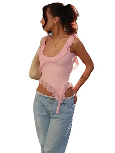 HEARTTOUCH Damen Y2K Camisole Ärmellos Crop Top Mesh Sommer Shirt Slim Fit Cami Tanktop Rückenfrei Unterhemd Streetwear (Rosa,S,S) von HEARTTOUCH