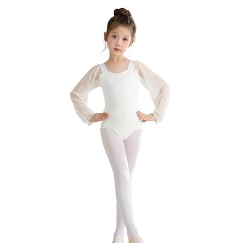 HEARTTOUCH Gymnastikanzug Mädchen Ballettbody Ballettanzug Mesh Langarm Tanzbody Turnanzug Einfarbig Gymnastik Trikot Leotard Ballettkleidung (Weiß,160) von HEARTTOUCH
