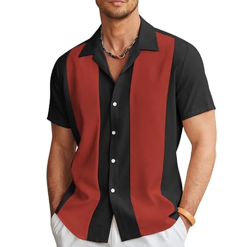 HEARTTOUCH Herren Bowling Shirt 50er Vintage Retro Hemd Rockabilly Freizeithemd Button Down Hemd Sommerhemd Kurzarmhemd S-3XL (331,XXL,XXL) von HEARTTOUCH