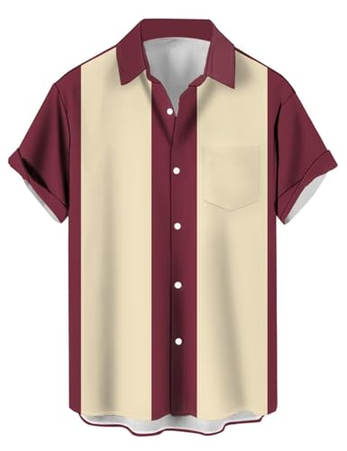 HEARTTOUCH Herren Bowling Shirt 50er Vintage Retro Hemd Rockabilly Freizeithemd Button Down Hemd Sommerhemd Kurzarmhemd S-3XL (KH-2,L,L) von HEARTTOUCH
