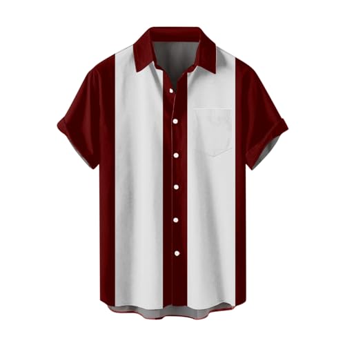 HEARTTOUCH Herren Bowling Shirt Klassische Kurzarm Hemd Bowlinghemden Knopfverschluss Hawaiihemd 50er Vintage Retro Hemd Sommerhemd (Rot-Weiß,M,M) von HEARTTOUCH