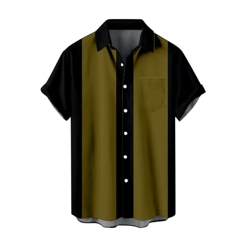 HEARTTOUCH Herren Bowling Shirt Klassische Kurzarm Hemd Bowlinghemden Knopfverschluss Hawaiihemd 50er Vintage Retro Hemd Sommerhemd (Schwarz-Grün,4XL,4XL) von HEARTTOUCH