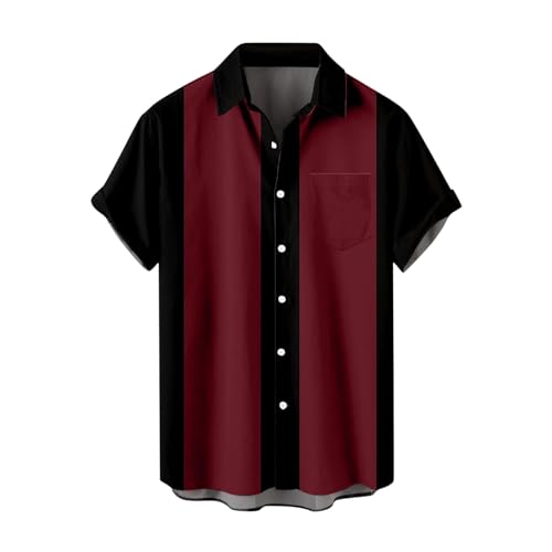 HEARTTOUCH Herren Bowling Shirt Klassische Kurzarm Hemd Bowlinghemden Knopfverschluss Hawaiihemd 50er Vintage Retro Hemd Sommerhemd (Schwarz-Rot,6XL,6XL) von HEARTTOUCH