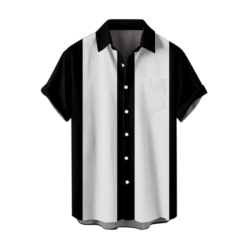 HEARTTOUCH Herren Bowling Shirt Klassische Kurzarm Hemd Bowlinghemden Knopfverschluss Hawaiihemd 50er Vintage Retro Hemd Sommerhemd (Schwarz-Weiß,6XL,6XL) von HEARTTOUCH
