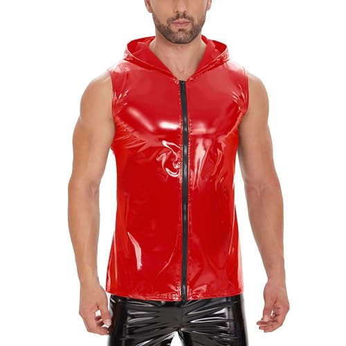 HEARTTOUCH Herren Kunstleder Tank Top Kapuzenpullunder PU Leder Ärmellos Unterhemd Glänzend Muskelshirt Sommer Weste Shirts Clubwear (A Rot,5XL) von HEARTTOUCH