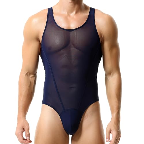 HEARTTOUCH Herren Transparent Mesh Body Sexy Unterwäsche Wrestling Singlets Body Ärmellose Unterhemd Männer Gym Overall Bodysuit M-XXL (Blau,XXL) von HEARTTOUCH