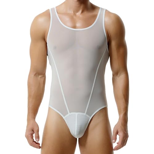 HEARTTOUCH Herren Transparent Mesh Body Sexy Unterwäsche Wrestling Singlets Body Ärmellose Unterhemd Männer Gym Overall Bodysuit M-XXL (Weiß,L) von HEARTTOUCH