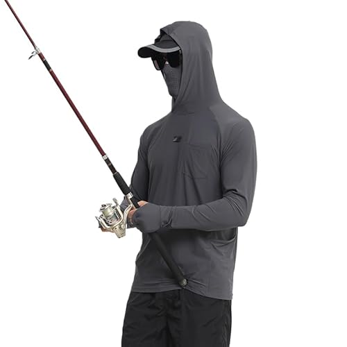 HEARTTOUCH Herren UPF 50+ Fishing Hoodie Kapuzenpullover Langarm Angelhemd mit Maske Hoodie UV-Schutz Hooded T-Shirts Rashguard Angelbekleidung (Dunkelgrau,XL) von HEARTTOUCH