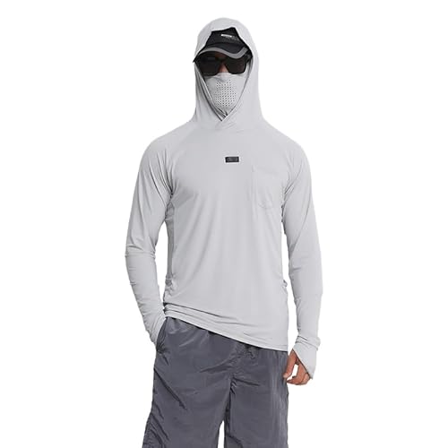 HEARTTOUCH Herren UPF 50+ Fishing Hoodie Kapuzenpullover Langarm Angelhemd mit Maske Hoodie UV-Schutz Hooded T-Shirts Rashguard Angelbekleidung (Grau,XXL) von HEARTTOUCH