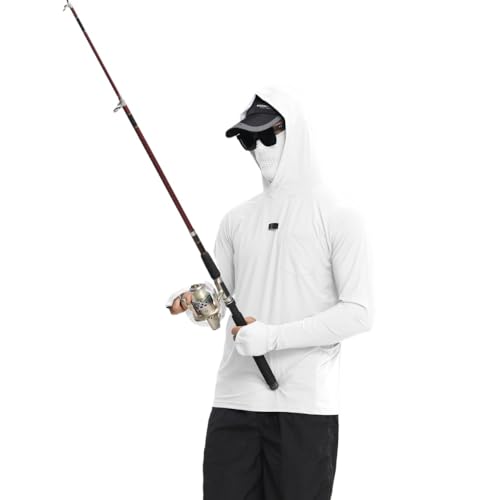 HEARTTOUCH Herren UPF 50+ Fishing Hoodie Kapuzenpullover Langarm Angelhemd mit Maske Hoodie UV-Schutz Hooded T-Shirts Rashguard Angelbekleidung (Weiß,L) von HEARTTOUCH