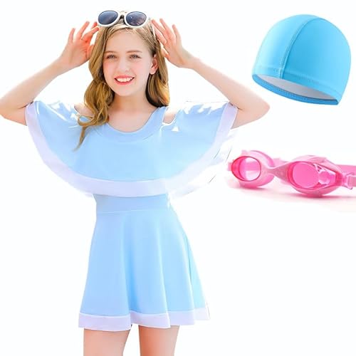 HEARTTOUCH Mädchen Badekleid Badeanzug Kinder Bademode Schwimmkleid UV-Schutz Baderock mit Shorts Schwimmanzug Badebekleidung Strandmode (B Blau,3XL,12 Jahre,14 Jahre) von HEARTTOUCH