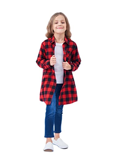 HEARTTOUCH Mädchen Oversize Hemd Kariertes Bluse Shirt Baumwolle Langarmshirt Kinder Plaid Blusenkleid Hemdkleid Longshirt Loose T-Shirt Tunika (A Rot,150,150) von HEARTTOUCH