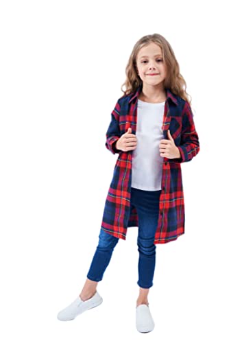 HEARTTOUCH Mädchen Oversize Hemd Kariertes Bluse Shirt Baumwolle Langarmshirt Kinder Plaid Blusenkleid Hemdkleid Longshirt Loose T-Shirt Tunika (B Rot,120,120) von HEARTTOUCH