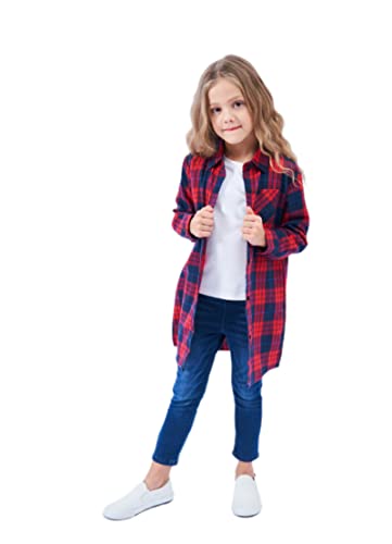 HEARTTOUCH Mädchen Oversize Hemd Kariertes Bluse Shirt Baumwolle Langarmshirt Kinder Plaid Blusenkleid Hemdkleid Longshirt Loose T-Shirt Tunika (C Rot,140,140) von HEARTTOUCH