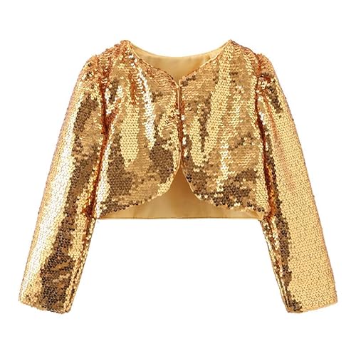 HEARTTOUCH Mädchen Pailletten Bolero Strickjacken Glitzer Kurze Jacke Langarm Cardigan Top für Karneval Fasching Party Outfit Gold/Silber (Gold,140,140) von HEARTTOUCH
