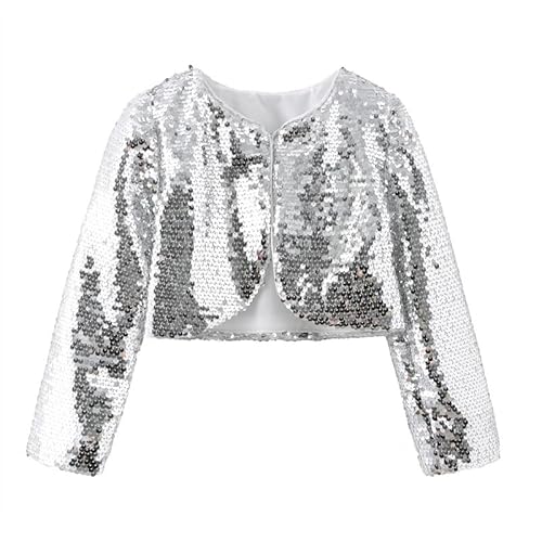 HEARTTOUCH Mädchen Pailletten Bolero Strickjacken Glitzer Kurze Jacke Langarm Cardigan Top für Karneval Fasching Party Outfit Gold/Silber (Silber,150,150) von HEARTTOUCH