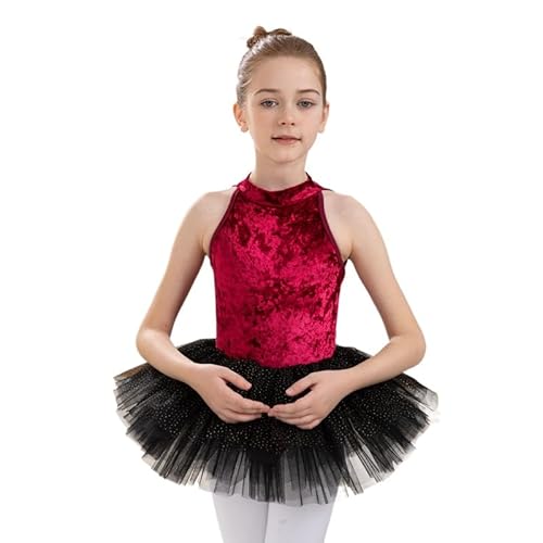 HEARTTOUCH Mädchen Samt Gymnastikanzug Turnanzug Ballettbody Tanzbody mit Tutu Rock Trikot Leotrd Shorts Ballettkleidung Tanzbekleidung Dancewear (B Rot,180) von HEARTTOUCH
