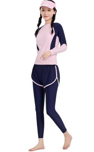 HEARTTOUCH Mädchen Sport Badeanzug Drei-teiliges Set Große Kinder Bademode Schwimmanzug UV Schutz Badeshirt + Badehose + Badeshorts Strandbekleidung (B Schwarz,150) von HEARTTOUCH