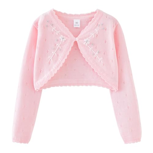 HEARTTOUCH Mädchen Strickjacke Basic Bolero Jacke Langarm Cardigan Shrug Top Baumwolle Schulterjacke Langarmshirt Dünne Bolerojäckche zum Partykleid (Rosa,140,140) von HEARTTOUCH