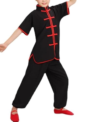 HEARTTOUCH Trainingsanzüge Kinder Kung Fu Uniform Chinesische Kampfsport Bekleidung Sets Jungen Mädchen Traditionell Tai Chi Wushu Leistungskostüme Sportbekleidung (A Schwarz,150,150) von HEARTTOUCH