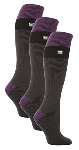 HEAT HOLDERS 3er Pack Damen Bunt Skisocken Winter Extra Warm Gepolstert Kniehohe Thermo Socken (37-42, Holzkohle/Lila) von HEAT HOLDERS
