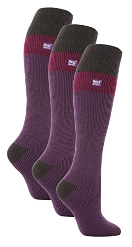 HEAT HOLDERS 3er Pack Damen Bunt Skisocken Winter Extra Warm Gepolstert Kniehohe Thermo Socken (37-42, Lila/Holzkohle) von HEAT HOLDERS