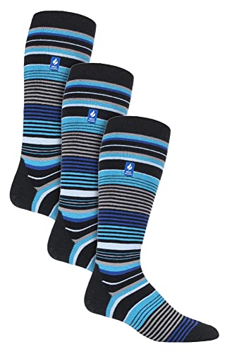 HEAT HOLDERS 3er Pack Herren Gestreift Muster Skisocken Thermo Kniehoch Socken mit Gepolstert (39-45, Schwarzer Streifen) von HEAT HOLDERS