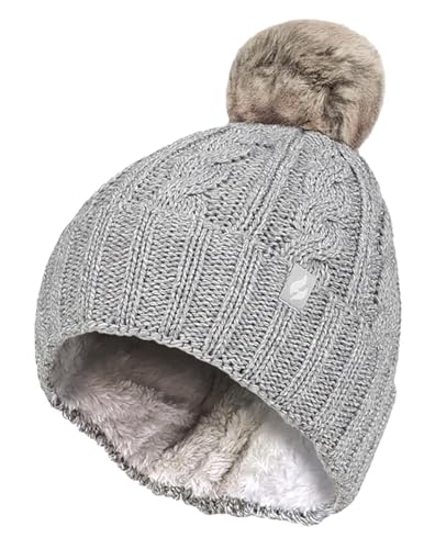 HEAT HOLDERS - Damen Bunt Muster Winter Outdoor Fleece Warm Wintermütze/Beanie Mütze mit Pompon Bommel (Einheitsgröße, Hellgrau) von HEAT HOLDERS