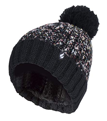 HEAT HOLDERS - Damen Elegant Strickmütze Gefüttert Groß Beanie mit Bommel und Fleecefutter (Einheitsgröße, Schwarz) von HEAT HOLDERS