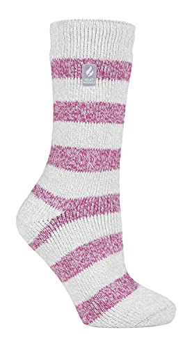 HEAT HOLDERS - Damen Extra Warm Innen Flauschig Thermosocken für Geschenk | Socken für Winter (37-42, Hellgrau/Berry (Chunky Stripe)) von HEAT HOLDERS