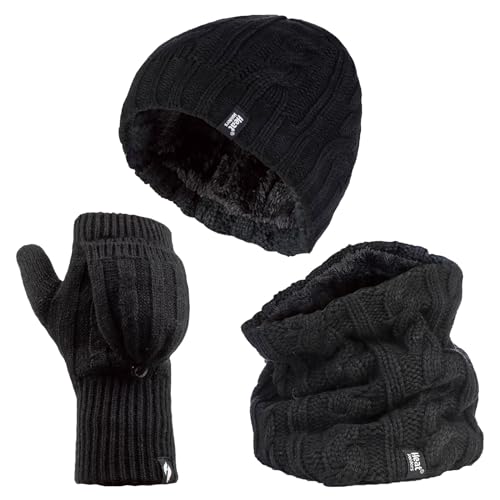 HEAT HOLDERS - Damen Extra Warm Mütze, Handschuhe und Halswärmer Set für Winter mit Fleece Gefüttert (Einheitsgröße, Schwarz) von HEAT HOLDERS